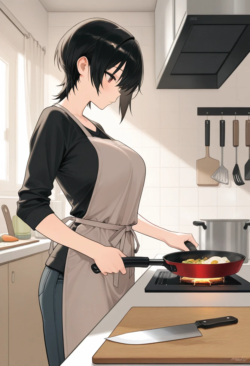 masterpiece, best quality, amazing quality, very aesthetic, newest, 
a cute woman wearing an apron, cooking in the kitchen, neatly cut ingredients, frying pan, cutting board, knife, absurdres, highres