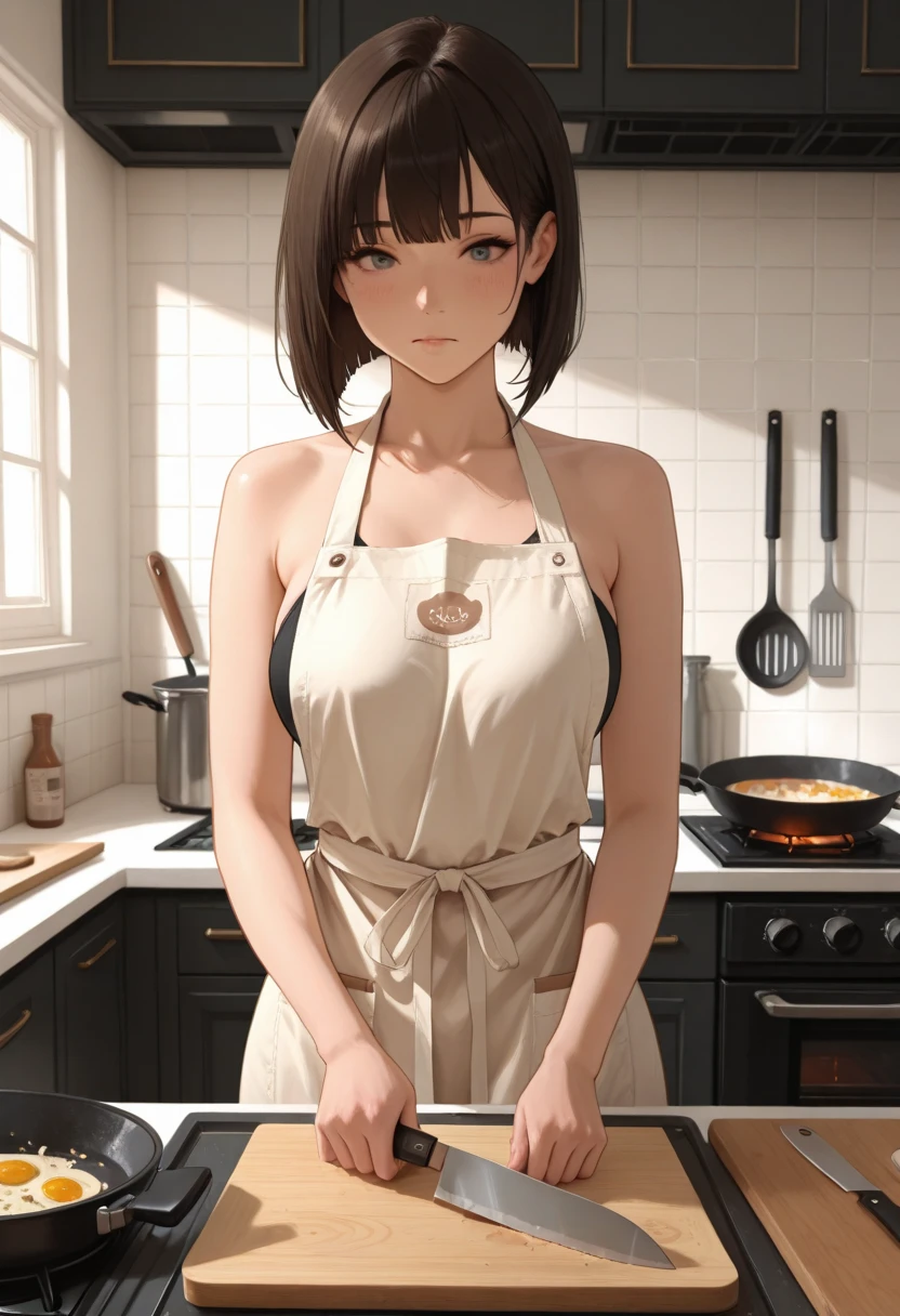 masterpiece, best quality, amazing quality, very aesthetic, newest, 
a cute woman wearing an apron, cooking in the kitchen, neatly cut ingredients, frying pan, cutting board, knife, absurdres, highres