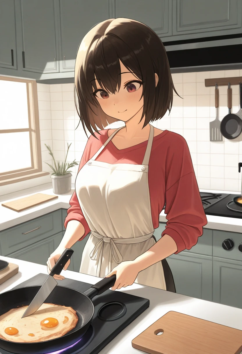masterpiece, best quality, amazing quality, very aesthetic, newest, 
a cute woman wearing an apron, cooking in the kitchen, neatly cut ingredients, frying pan, cutting board, knife, absurdres, highres