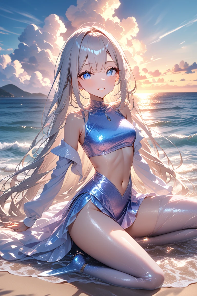 a beautiful cute girl in an white bikini standing on the beach with her hands behind head, seductive girl, attractive girl, detailed face, beautiful detailed eyes, beautiful detailed lips, extremely detailed face, long eyelashes, beach, ocean, sunset, golden hour, sand, warm lighting, vivid colors, dramatic lighting, detailed face, detailed eyes, detailed nose, detailed lips, (best quality,4k,8k,highres,masterpiece:1.2),ultra-detailed,(realistic,photorealistic,photo-realistic:1.37)