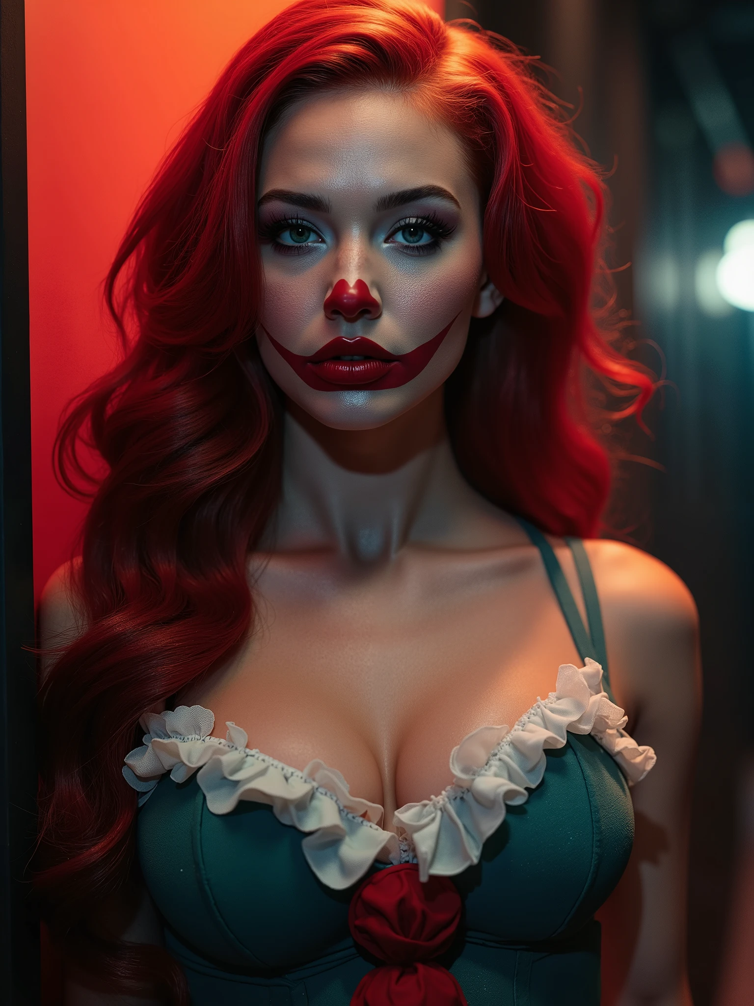 clown.44dd breasts.epic cleavage,age 20, highly detailed,photorealistic,vibrant colors,intricate details,masterpiece,dramatic lighting,cinematic,surreal,fantasy,digital art,3D render,professional photography,elegant,seductive,alluring,clown costume,dramatic makeup,piercing gaze,confident pose,sensual expression,voluptuous figure,dramatic shadows,complex background,magical atmosphere,ethereal lighting
