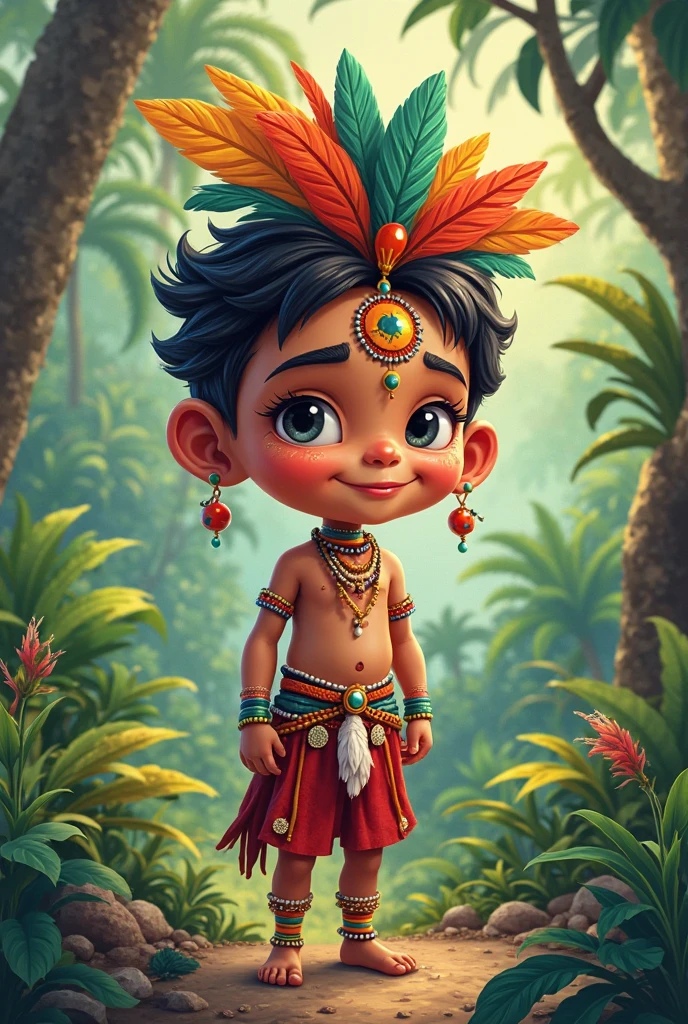 A dark-skinned boy with red lines on his face,of cheerful expression,wearing loincloth , with a cartoon art style,comic