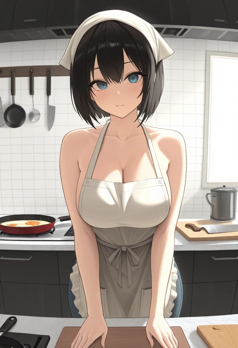 animemanga girl，at the kitchen，Naked，wearing a white apron，pans，Delicate facial features，black color hair，cat ear