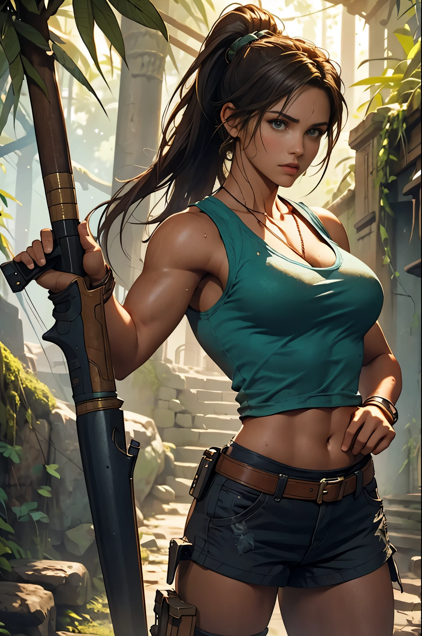 Lara Croft, obra de arte, melhor qualidade, 4k, profundidade de campo, fundo desfocado, female only, solo, best proportion four fingers and an investigation,