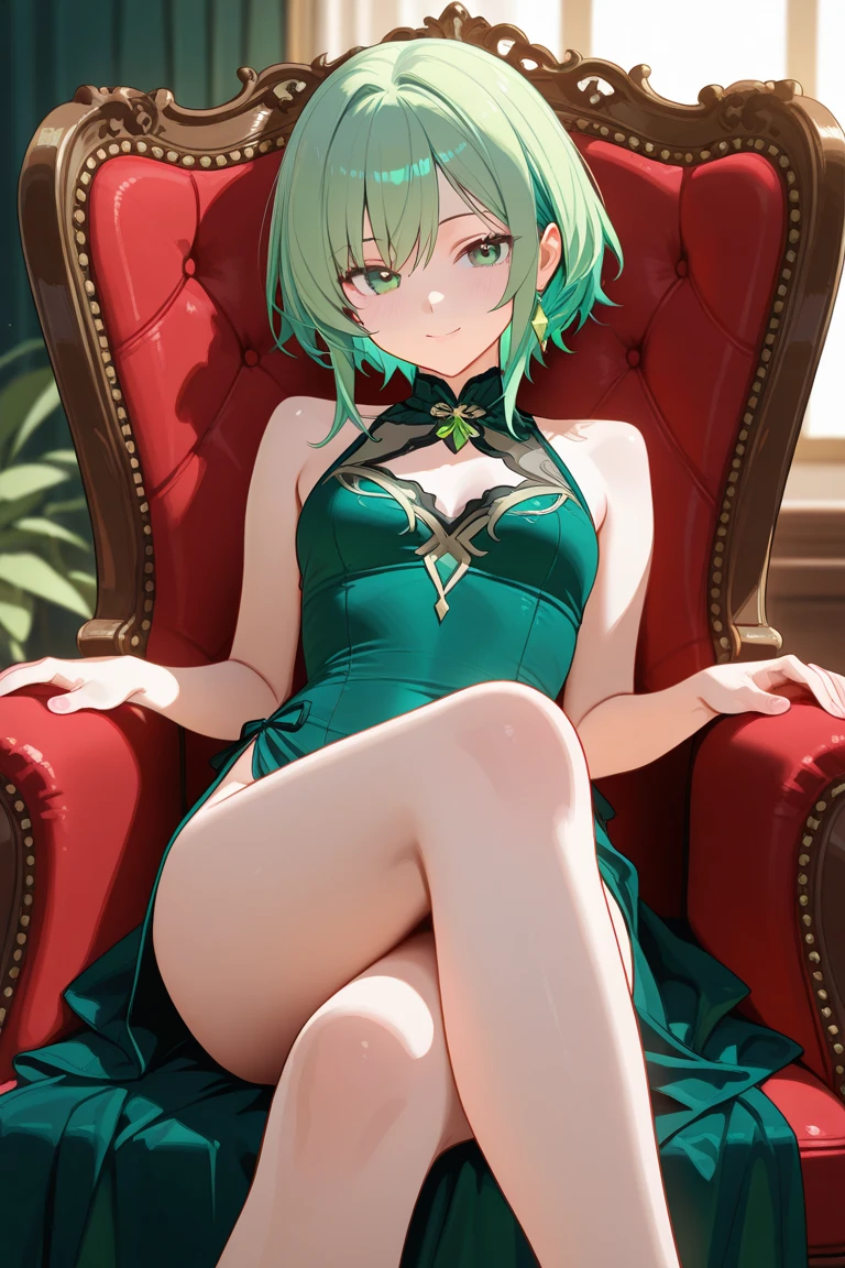 high resolution、detailed、masterpiece、highest quality、High resolution、woman,green hair、short hair、Shining eyes、purple eyes、sideways glance、big breasts、Bewitching、night、Suspicious atmosphere、in the darkness、detailedワンピース、Attractive body lines、black background、Beautiful leg lines、suspicious smile、sitting in a chair、front、white dress、legs crossed、arms folded
