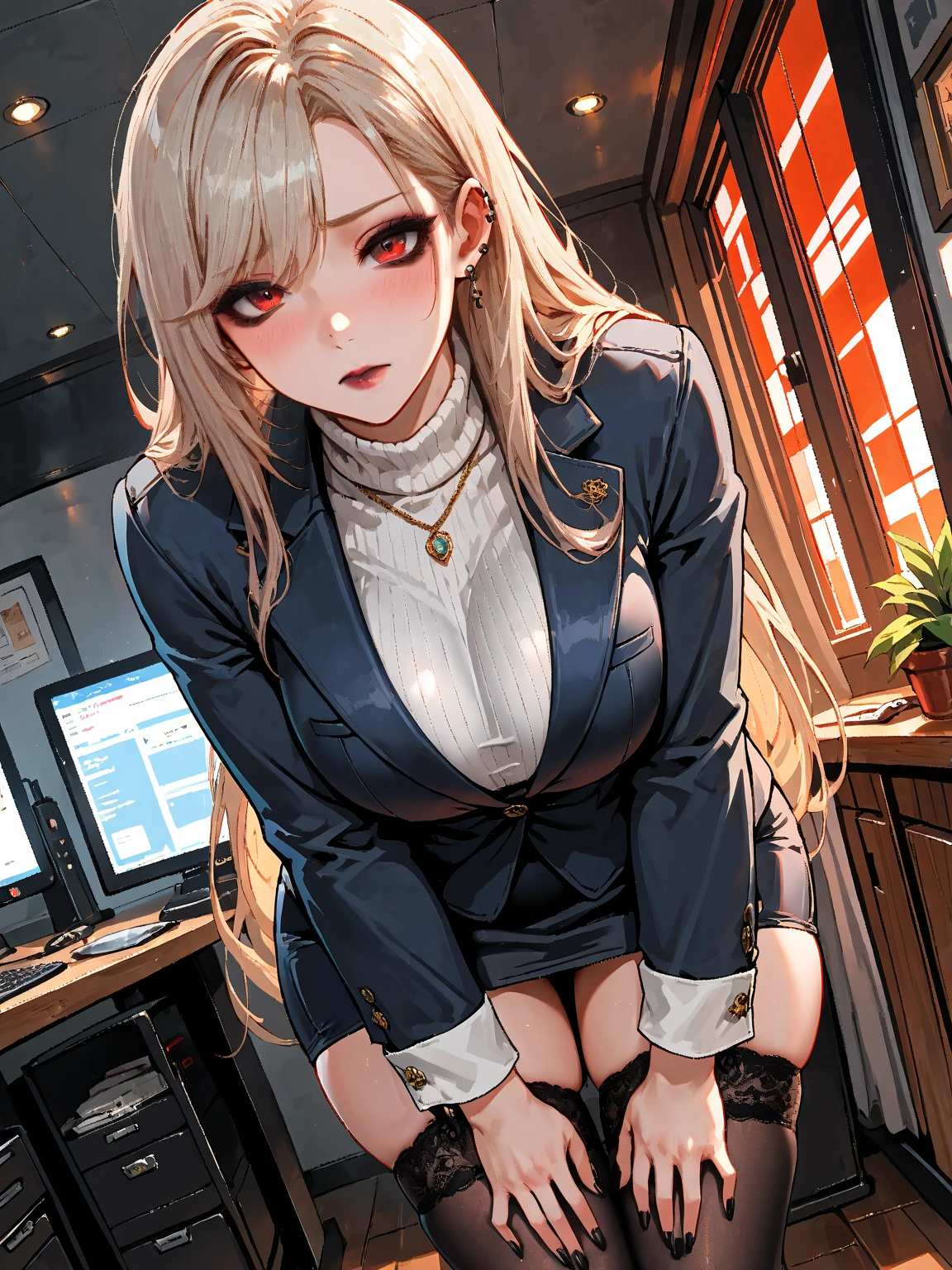 1 girl, long hair, blonde hair, violet eyes, large breast black blazer, black lingerie, black lace panties, black stocking with garter belt, she wet, drenched, nipple perked out, inside office, sitting on top office desk, computer, smartphone, printers, papers, perfect finger shape,