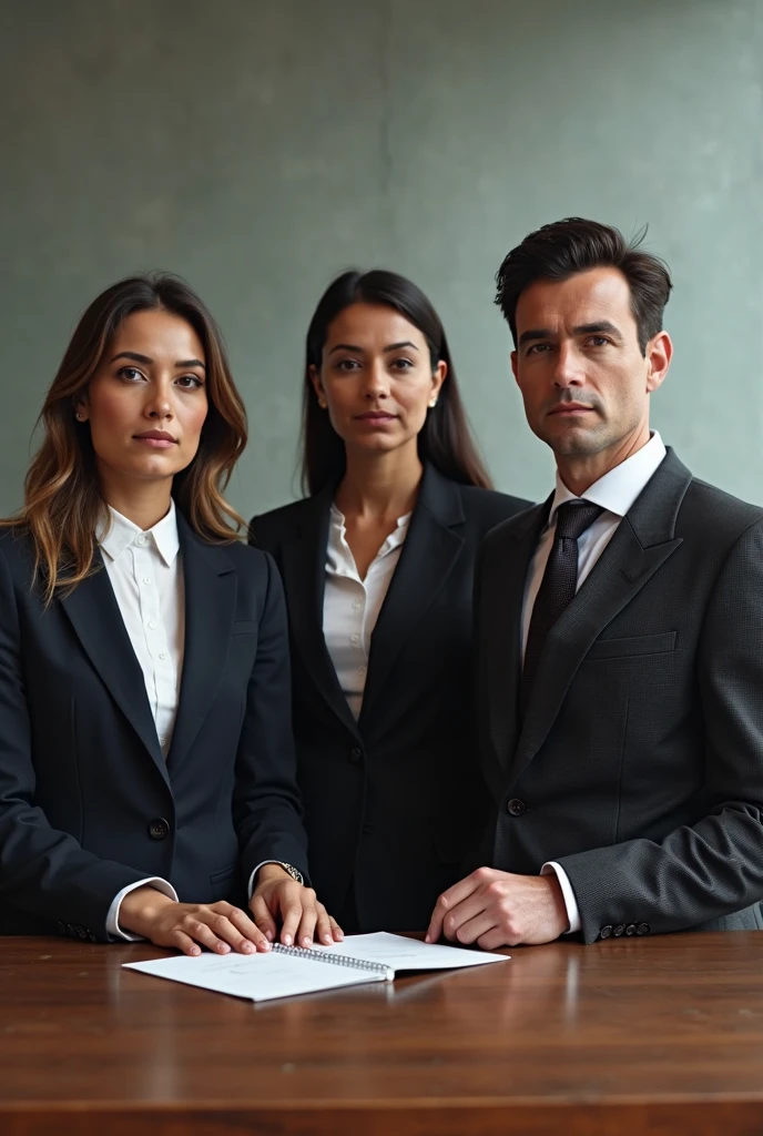 a group of 3 men and 2 women in formal business attire standing and sitting, confident and looking directly at the viewer, full body shot , gray green background 