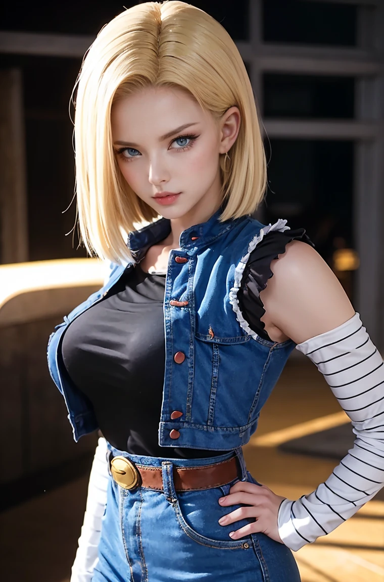 (masterpiece, best quality), 1girl,   android 18, blonde hair, blue eyes, eyelashes, hoop earrings, short hair, earrings belt, black legwear, black shirt, large breasts, huge breasts, massive tits, cleavage, collarbone, denim, denim skirt, high-waist skirt, jewelry, long sleeves, pocket, shirt, shirt tucked in, skirt, striped, striped sleeves, waistcoat,