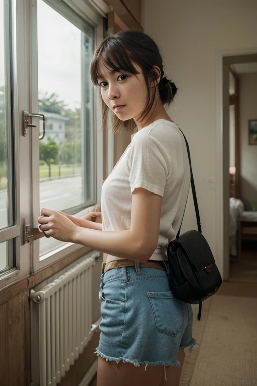 A woman is imprisoned and tied up、(((Hands are behind the back with wrists crossed)))、(My wrists are tied with a thin rope)、Beauty、Well-formed face、Make your eyes even、Inside the mountain hut、Back view、White short sleeve shirt、Navy Semi-Long Skirt、Sit on the floor by the window、Looking forward、View from directly behind、Age 25、Medium build、Small face、as in real life、Highest quality、