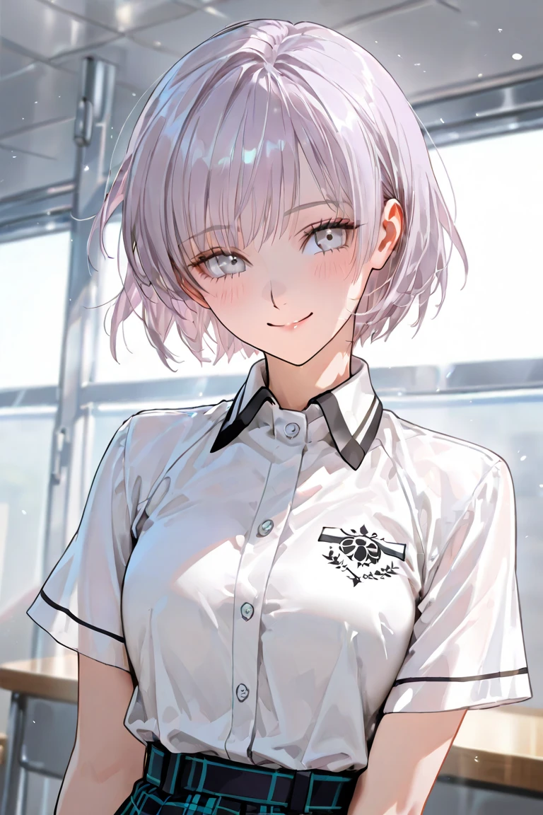 Short cut, neat clothes, school uniform, student council president, beret, silver eyes, silver hair color