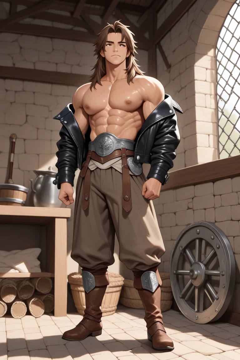 1man, Barbarian man in shorts, whip on hands, cabelo curto, short hair, roupa de pele de animal, jaqueta de pele de animal, jaqueta marrom aberta, sem mangas, blusa de frio, jaqueta fechada, blusa grossa
