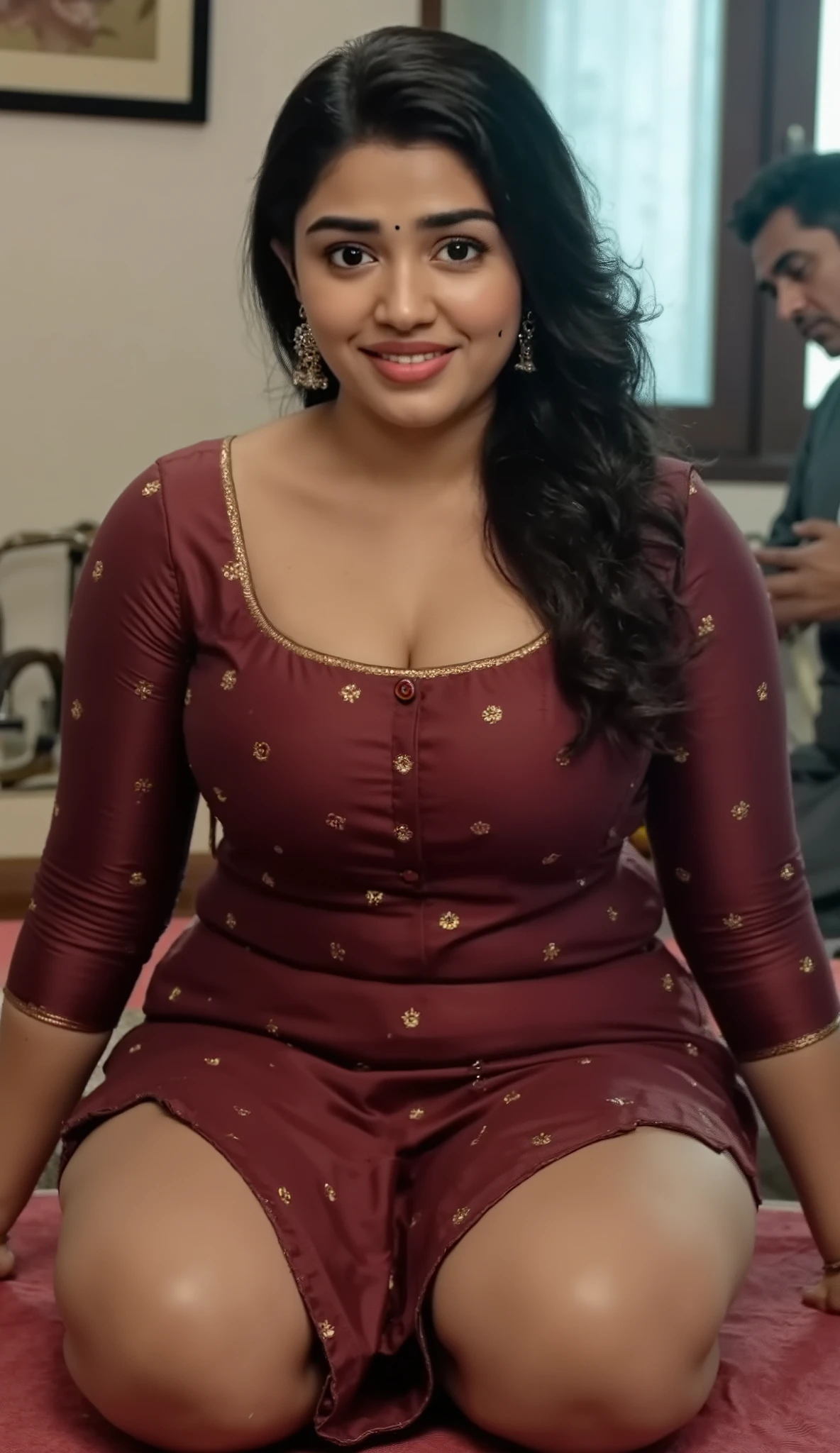 Beautiful skinny slim healthy round face indian very white skin curvy milf wife with long messy curly hair smirking look, perfect breast, simple small black dot bindhi, broad shoulder, big hip, big ass, thick thighs, woman wearing short silk maroon kurti golden flower pattern (very big breast clevage), in indian middle class bedroom, ultra hd photo, 4k picture, looking at camera, woman kneeling on bed, couple looking at camera giving simple dominating pose, Indian Oldman removing her bra straps from shoulder from behind,off shoulder,