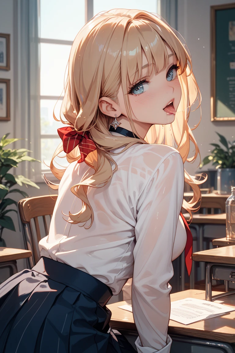 (muste piece:1.5)、(highest quality:1.5)、(16k wallpaper:1.2)、(photorealistic:1.2)、(Super detailed:1.2)、(ultra high resolution:1.2)、(Highly detailed and realistic skin:1.2)、(Very detailed and clean sharp eyes:1.2)、(Full Orange High Waist Ruffle Layered Mini Skirt:1.7)、(the skirt is widening)、(orange ribbon on shirt:1.5)、(orange waitress costume:1.2)、(She is facing backwards and her light blue striped panties are visible.:1.5)、(At a family restaurant with many male customers.:1.2)、beautiful sunlight from the window、(woman with slender figure:1.2)、(beautiful 18 year old woman:1.2)、beautiful eyeliner、eye shadow、natural color lip、(Long blonde twintails that cover one eye:1.2)、chest is medium、The best smile with open mouth、(pure white collared long sleeve shirt:1.4)、(pure white knee high socks:1.3)、(White beret:1.4)、Video seen from behind、