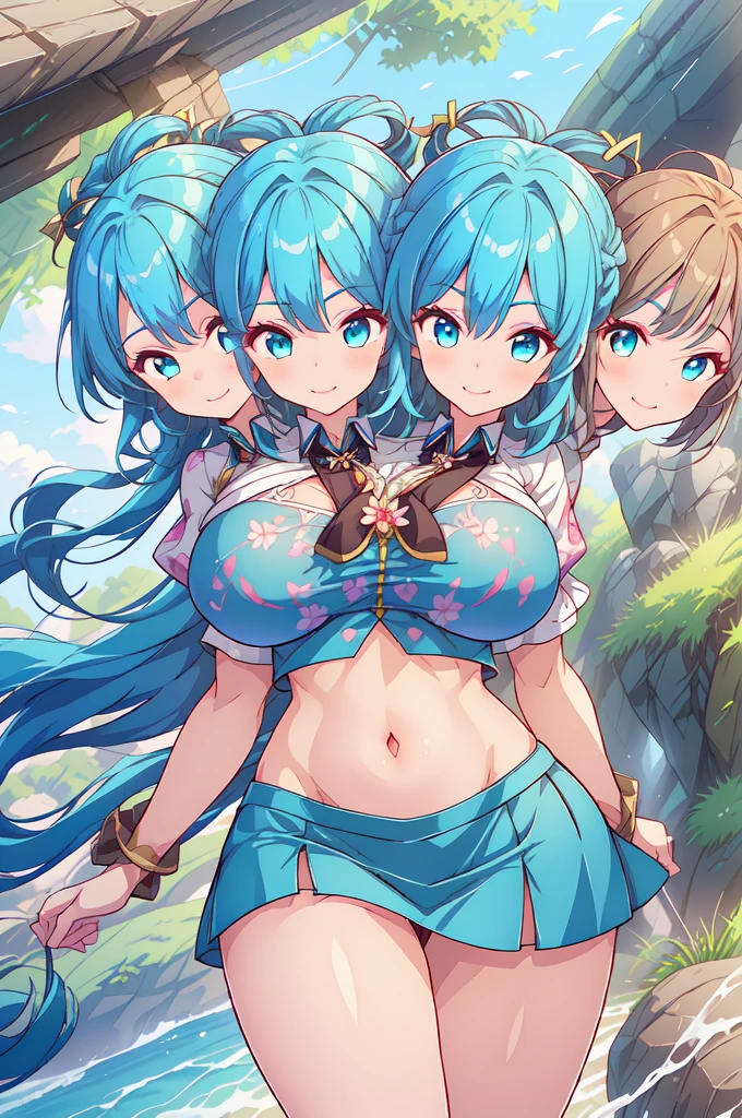 long hair,twin tail hair style, , nipplesng at viewer, blush, smile, open mouth, bangs, blue eyes, multiple elven girls, large breasts, nipple hair, hament, navel, medium breasts, sitting,bare lower dy,blue hair, collarbone, flower, :d, sidelocks, outdoors, sky, pointy ears, hand up, hair flower, tree, wet, night, upper teeth only, cherry blossoms, elf, star (sky), night sky, breasts apart, partially submerged, sky, rock, fence, onsen, bathing, take your pick, wooden fence