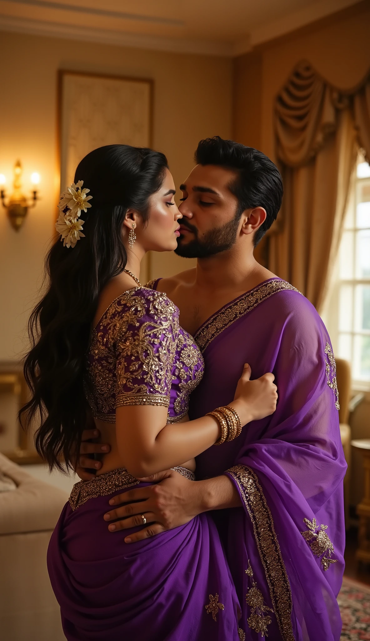 In a plush living room bathed in golden light, an extreme wide-angle lens sweeps across a scene dripping with allure. A 25-year-old Indian housewife, her voluptuous hourglass figure a vision of temptation, stands at the center. She wears a heavily embroidered purple chiffon saree that clings to her curves like a lover’s caress, the fabric shimmering with every breath. The deep-neck blouse plunges daringly, framing her ample bust, its sheer sleeves teasing hints of skin beneath intricate gold threadwork. The saree drapes low, revealing a white flower-printed, body-hugging purple skirt that rides her hips, exposing her taut midriff and the delicate dip of her navel—a tantalizing invitation. A single jasmine flower nestles in her thick, raven-black hair, its scent mingling with the heat of the moment. Behind her, a 50-year-old man, ruggedly handsome with a salt-and-pepper beard trimmed to perfection, presses himself close. His strong hands slide around her waist, fingers splaying possessively over her bare skin as he pulls her against his chest. His lips find her shoulder, kissing it with slow, deliberate hunger, teeth grazing the soft flesh as he inhales her fragrance. Her head tilts back slightly, eyes half-lidded with a mix of surrender and smoldering desire, lips parted as a soft moan escapes. His grip tightens, one hand drifting lower to trace the curve of her hip, while the other brushes the underside of her breast through the blouse, igniting a shiver down her spine. The air hums with their chemistry—her coy smile curling into something wicked, his gaze dark and ravenous as it drinks her in. Shot in pristine high resolution for a promotional masterpiece, every detail sings: the glint of sweat on her collarbone, the taut pull of fabric over her thighs, the unspoken promise in their locked bodies—an erotic tableau frozen in exquisite clarity.