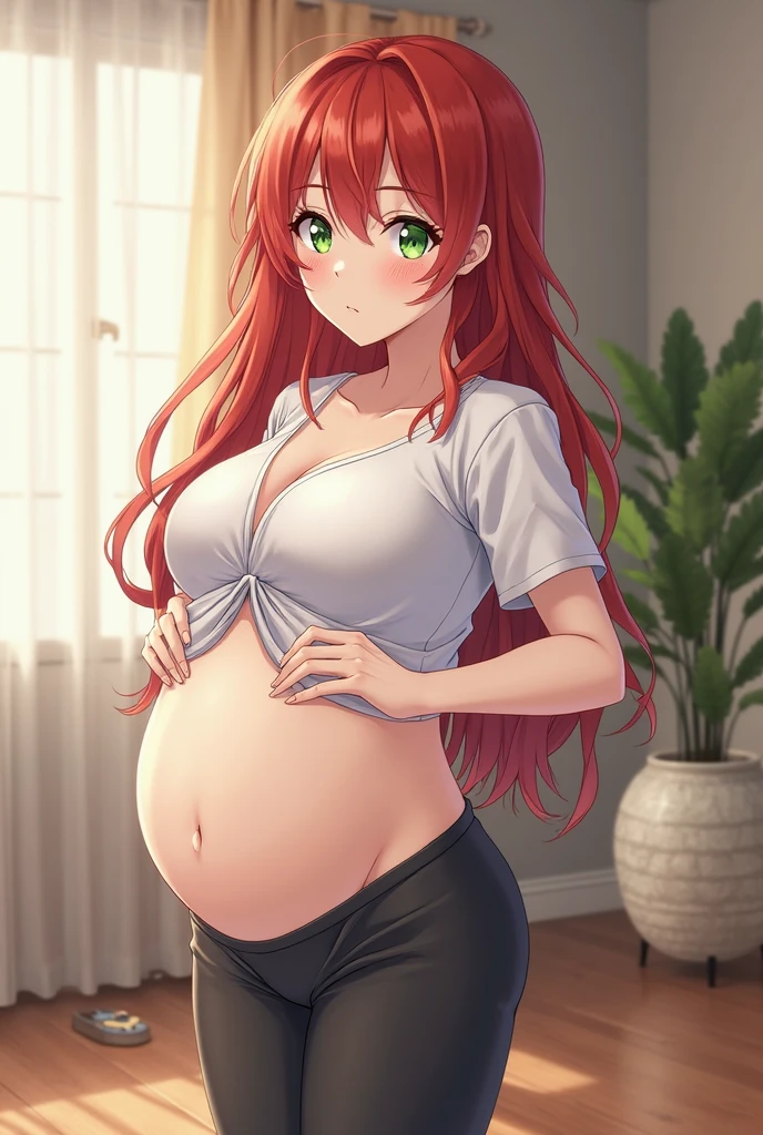 an anime girl is kneeling on knees, anime girl, cell shaded adult animation, shorts, orange hair, solo, short hair, smile, full body, 4k hd, legs visible, tall, blue shorts and an orange shirt, brown eyes, 1girl, in black Flats, 4k hd, big breasts, pregnant girl, front position