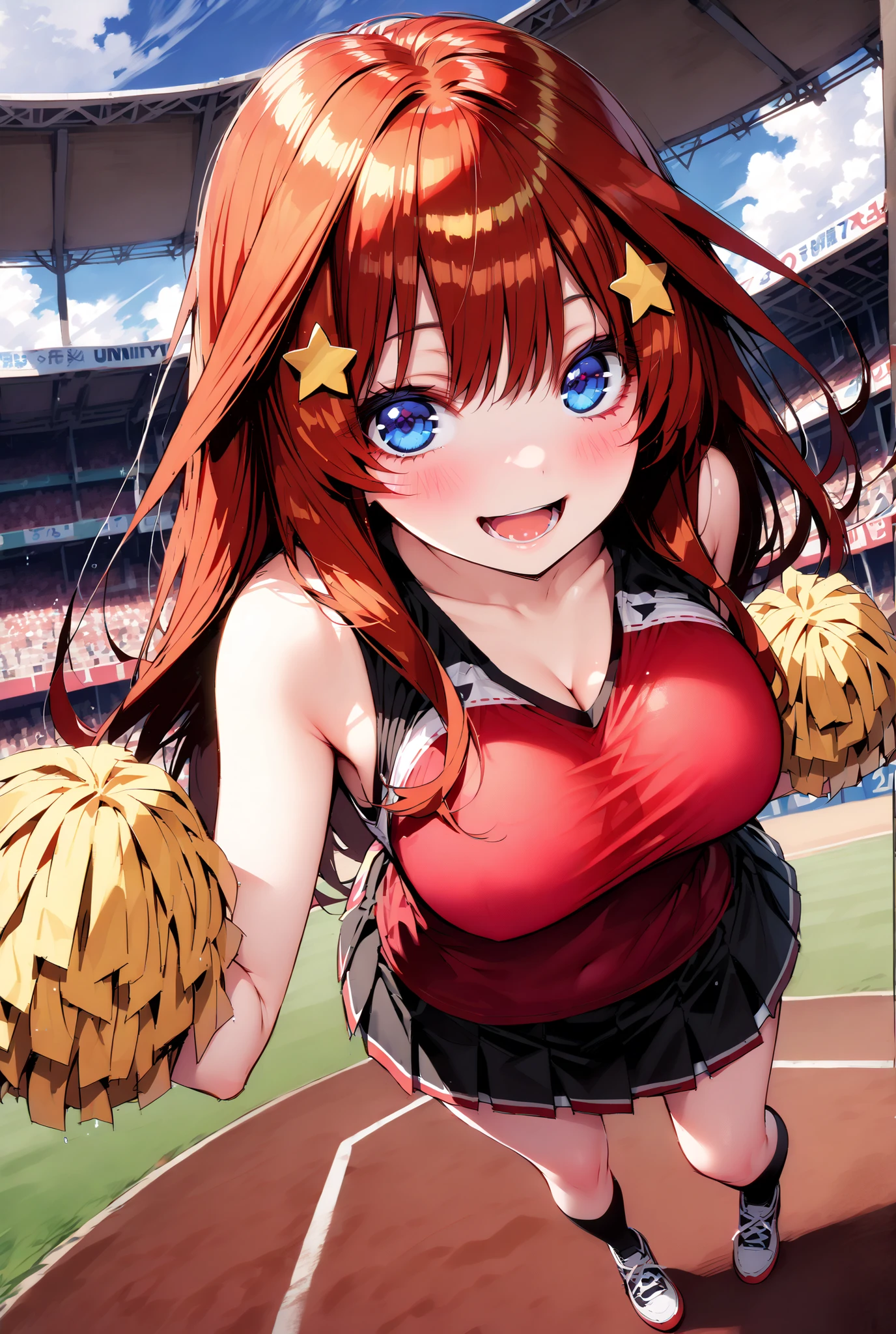 score_9, score_8_up, score_7_up, source_anime, Nakano Mizuki , long hair, blue eyes, hair ornament, red hair, star ( symbol ),star hair ornament,smile,cover,opens her mouth,Big Breasts,(Cheerleading), (full body), on chest, (while riding), while riding Wet Clothes, (Red clothing),sleeveless, pleated skirt,black socks,sneakers with a ladyback letter, stomach button support , playground, (jump), (jump),両足を曲げてjumpする, , blue sky, Compa, smile,cheerleader, Pom-pom \(Cheerleading\) real hair ornaments,standing,audience,angle from below,full bodyががイラストに入るように,break outdoors,Stadium,
break looking at viewer,full body,
break (masterpiece:1.2),of the best quality , kampala,unity 8k 壁紙,(shape:0.8),( fine and beautiful eyes :1.6),It's a person ,full body写真,CG Details , (perfect hands,complete anatomy),