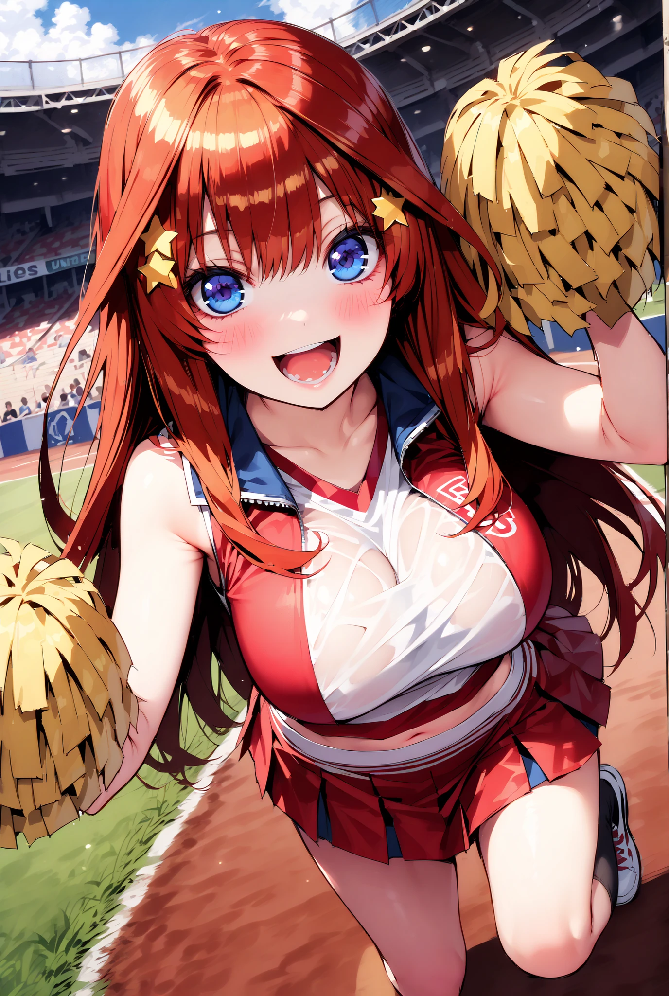 score_9, score_8_up, score_7_up, source_anime, Nakano Mizuki , long hair, blue eyes, hair ornament, red hair, star (  symbol ),star hair ornament,smile,cover,opens her mouth,Big Breasts,(Cheerleading), (full body),  on chest, (while riding), while riding Wet Clothes, (Red clothing),sleeveless, pleated skirt,black socks,sneakers with a ladyback letter,  stomach button support , playground, (jump), (jump),両足を曲げてjumpする, , blue sky,  Compa, smile,cheerleader, Pom-pom \(Cheerleading\) real hair ornaments,standing,audience，angle from below，full bodyががイラストに入るように,break outdoors,Stadium,
break looking at viewer,full body，
break (masterpiece:1.2),of the best quality , kampala,unity 8k 壁紙,(shape:0.8),( fine and beautiful eyes :1.6),It's a person ,full body写真,CG Details , (perfect hands,complete anatomy),