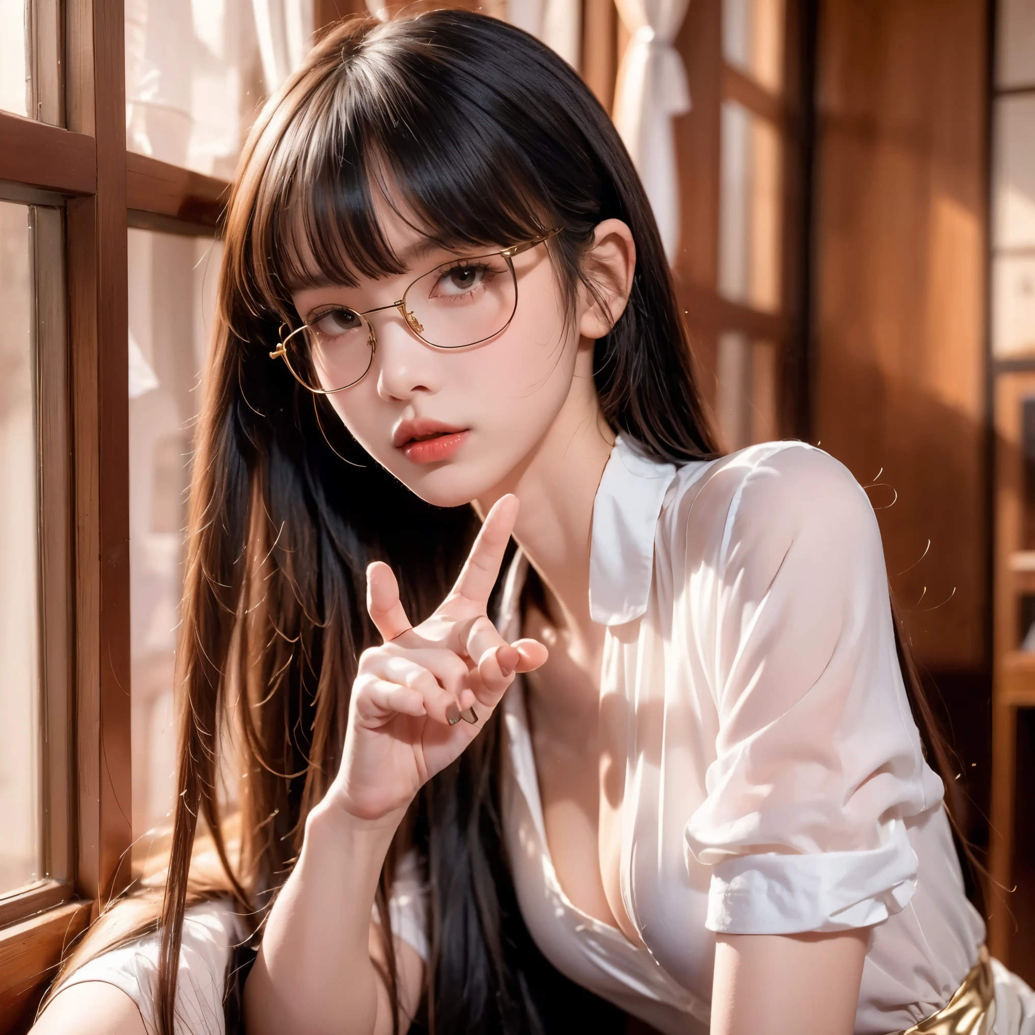 (8k, best quality, masterpiece), highly detailed, Masterpiece, realistic lighting, masterpiece, best quality, masterpiece, official artwork, highly detailed 8k unity CG wallpaper, teenage woman with cute face, long black hair and hair tied in a ponytail with a beautiful diamond ribbon, elegant and beautiful, wearing glasses, wearing white silk pajamas with red embroidery, big breasts, wearing high heels.