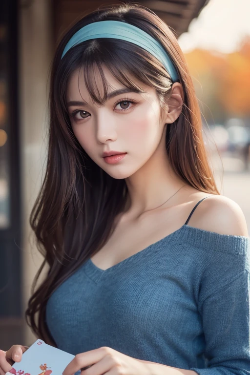 (8k,  top quality, masterpiece: 1.2), ( top quality: 1.0), ( ultra high definition: 1.0), watercolor,  beautiful women, (輝く瞳,  Blue Peoples with Handguns ),shoulder,  headband ,  Bust Portrait , Extremely bright design,  pastel color, autumn lights, Moody Gray,  , (Card Retouching: 1.2), 2D, (oil: 1.2)  very detailed