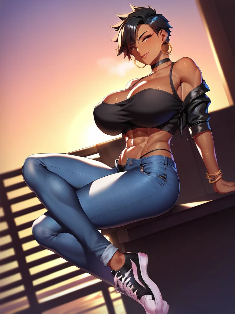 1girl, shiny skin, speedlines, perfect face, intricate details, score_9, score_8_up, score_7_up, rating_explicit, source_anime, Colored, Tomboy, dark skin, messy short hair, shiny black hair, golden yellow eyes, large breasts, Hourglass figure, Athletic body, Slim-fit body, Rural city, arm tattoo, black tank top, blue short jeans, black thong, gray socks, black sneakers, full view