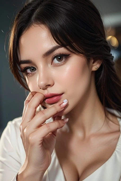 Amazing portrait of a woman who is 30 years old and an adult and a sexy woman with her eyes closed and her mouth open with a very deep blush and the tip of her nose is red having a long neck emphasised by her off shoulder pink sweater showcasing her medium chest with visible cleavage in her bedroom with warm lighting as she's lying on her bed with her head on the pillow facing up during night time with soft lighting showcasing her red lips and her beautiful face in detail and close up