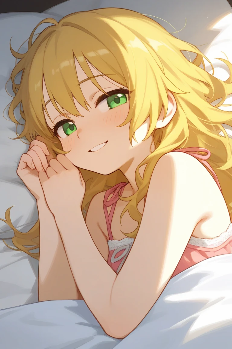 teles, (masterpiece), best quality,  <lora:TelestiaTerraEsfort3:0.75>, blonde hair, long hair, green eyes, 1girl, looking at viewer, bangs, upper body, petite, blush, pillow, pajamas, sparkle, :o, short sleeves, collarbone, open mouth, bangs, tears, yellow background, puffy sleeves, lying