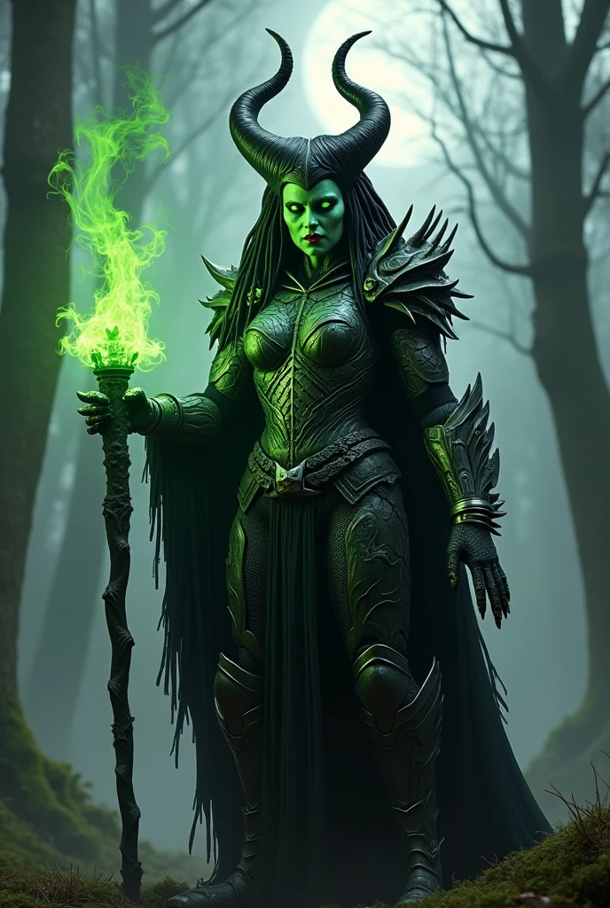 A female warrior demon with green skin and black wings