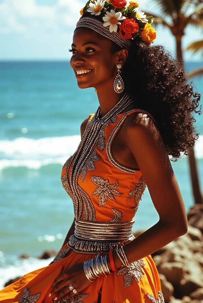 A woman wearing a fashion outfit. Statuesque black woman, smiling, aged 30. Slim busty beautiful model. Alternative, boho chic style. Top is colour Burnt orange with a crimson ombre. Asymmetrical one-shoulder top, silk top with a laser-cut pattern. Indigo leather jeans roughly sprayed with silver paint. tattoos, long dark curly hair, wedge heels. Silver necklace bracelet ankle chain. outdoors, seaside
