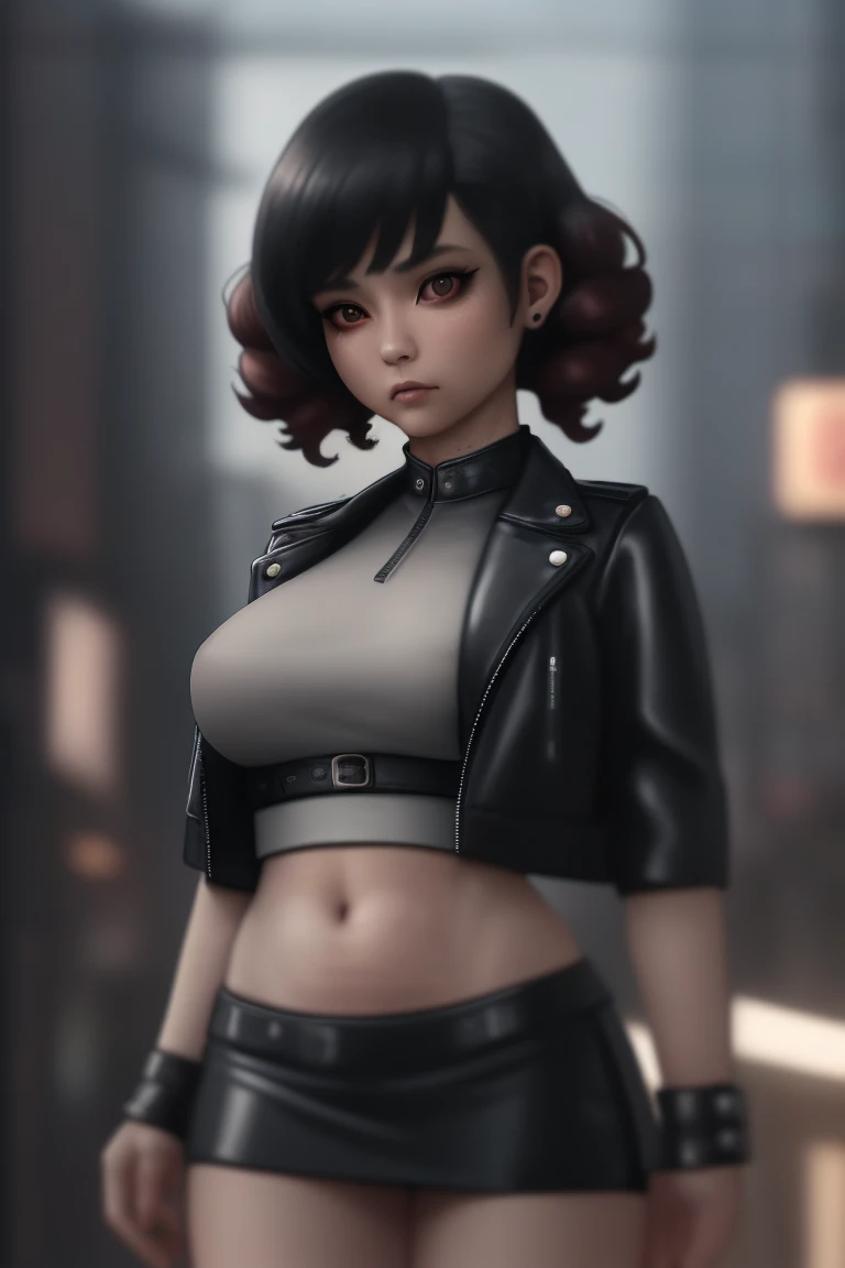 Cinema Lighting,Highly detailed skin、Beautiful details、Highest quality,cyber punk,(Exchange、Dim color, Calm tone、Perfect Anatomy:1.3),(One beautiful woman、Beautiful features down to the last detail:1.3)(Black short hair)Shapely breasts、break.Black Leather Jacket、Black Satin Suit Slacks、.Black Hair、Put your hands in your pockets、Arms crossed、Near city station、night。Japanese, Huge
