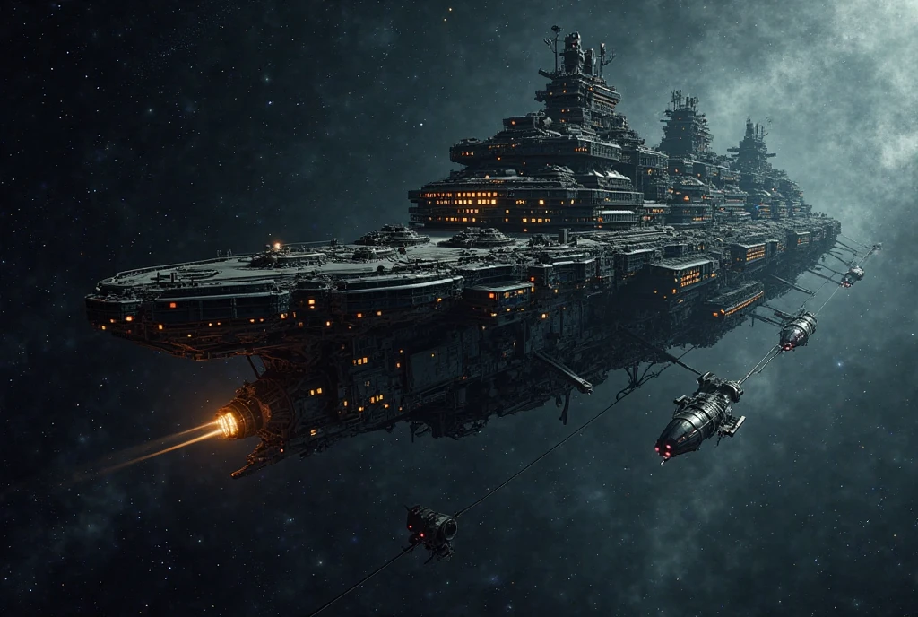 Photorealistic, 8K quality, a work of art. The theme is "Interstellar Immigration". A huge immigrant spaceship sailing through space. It is so huge that it looks like several large buildings stacked on top of each other, turned on their side. Small lights leak out from countless windows. Several blue laser beams emerge from the side of the huge spaceship, capturing a small pencil-shaped silver space boat. The background is the dark darkness of space.