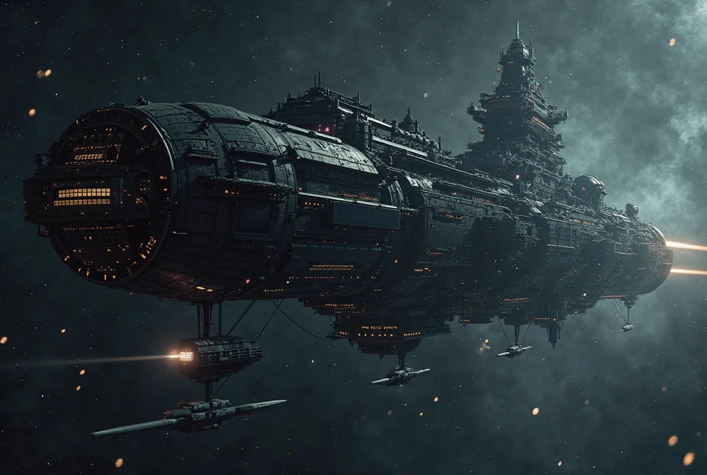 Photorealistic, 8K quality, a work of art. The theme is "Interstellar Immigration". A huge immigrant spaceship sailing through space. It is so huge that it looks like several large buildings stacked on top of each other, turned on their side. Small lights leak out from countless windows. Several blue laser beams emerge from the side of the huge spaceship, capturing a small pencil-shaped silver space boat. The background is the dark darkness of space.