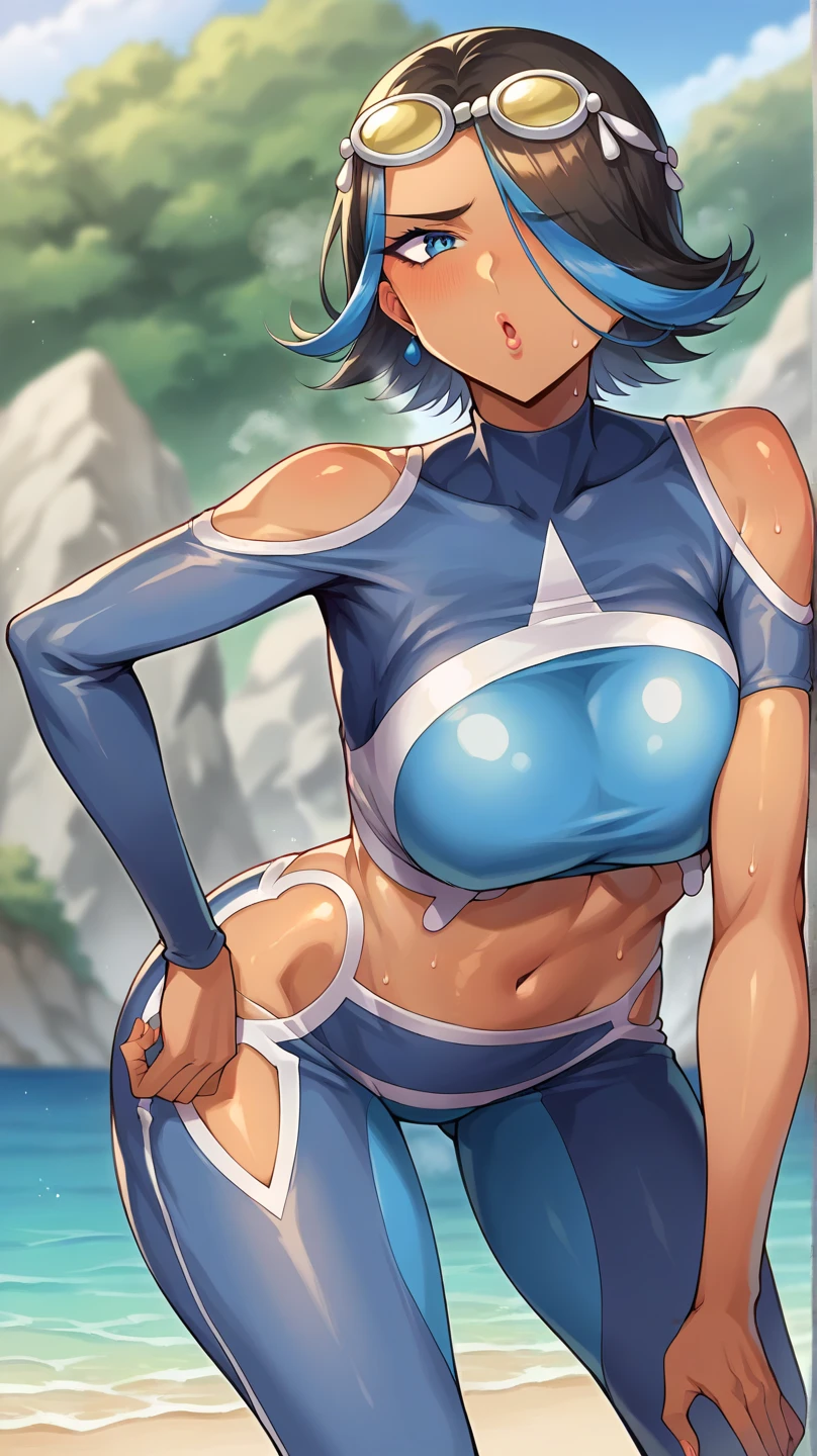 best quality,ultra detailed,solo,score_9, score_8_up, score_7_up, score_6_up, score_5_up, score_4_up, source_anime, 1girl, clara, blue hair, hair tubes, grey eyes, bodysuit,big breasts, standing sexy pose, (front view,portrait),full body, standing on lava,heavenly ass, heavenly breasts, big ass, no shoes, wearing heels, smile, cute, face, long legs, tight bodysuit, tight sleeves, white bodysuit, half-closed eyes