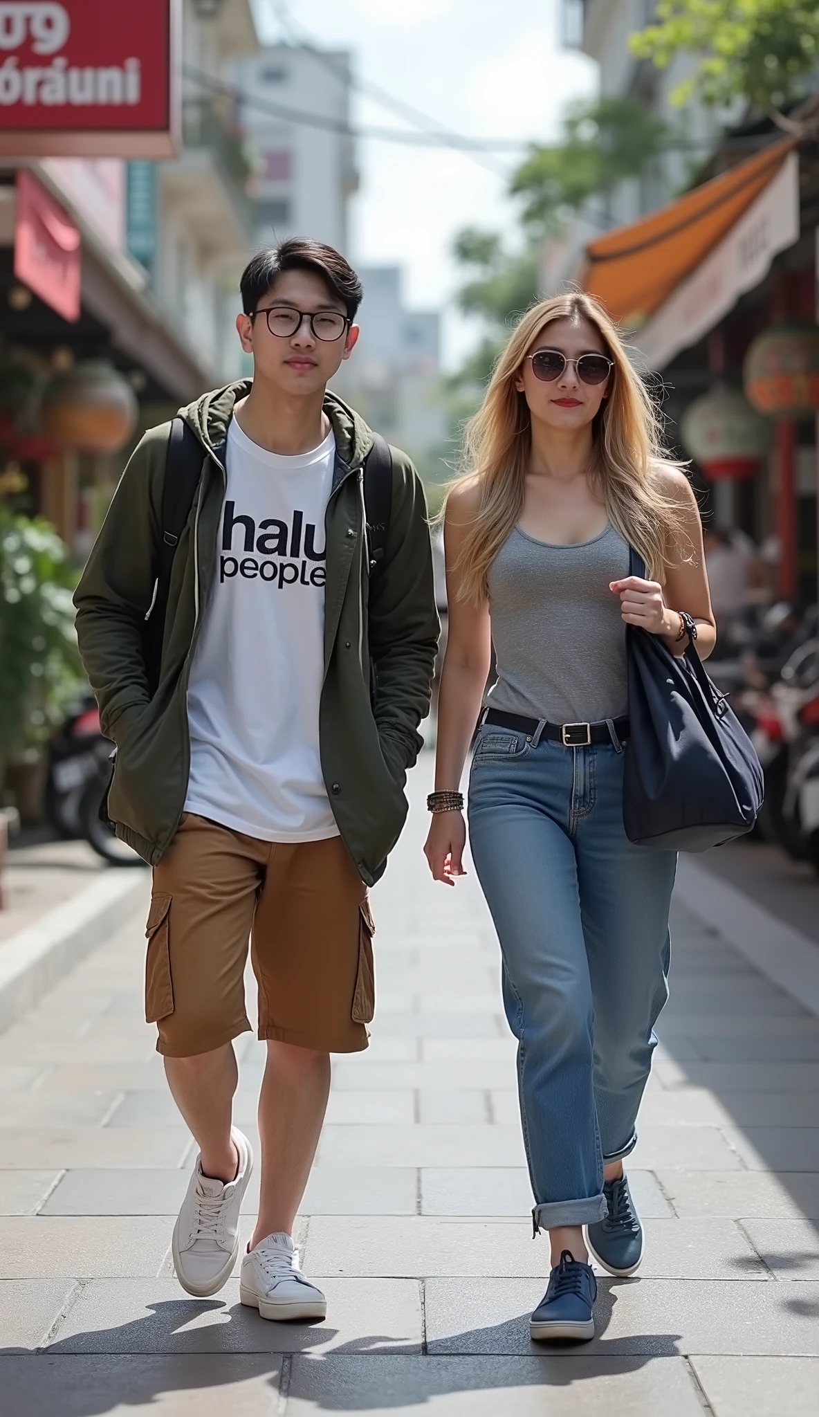I am taking a picture of a Korean man, looking to camera, he is wearing glasses, a white t-shirt with the words "halu people", layered with a dark green hoodie jacket, brown cargo shorts, white vans shoes, a black backpack on his back, walking on the sidewalk with a European woman with long wavy blonde hair, large breast, wearing a gray tank top, mini denim pants, blue sneakers, carrying a dark blue backpack. the background is the sidewalk, shops in the city of Hanoi, which is crowded and busy, sunny weather, clouds and sky,