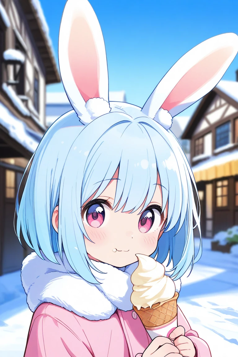 Rabbit ears,light blue hair,pink eyes,Bob,wide angle rens,
have snowfall,Town with snow on the ground,winter clothing,muffler,HQ highres The image has been retouched,a photo of professional portrait of ultra cute kawaii moe bishoujo,masterpiece,high quality,depth of field,looking at viewer,kawaii.high quality,a photo of professional portrait of Cute and kawaii beautiful girls,cinematic dramatic atmospherepixiv,light smile,They are eating soft ice cream.