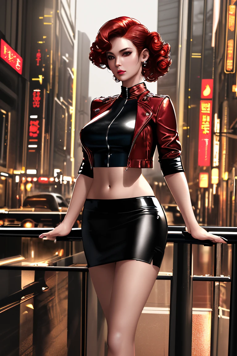 Masterpiece, best anatomy, high quality, a woman, red hair, a leather black jacket, black leather pants, black boots, a red electric guitar, a white dress, black strips on that dress, short haircut, black color lipstick, green eyes who plays near Milad tower