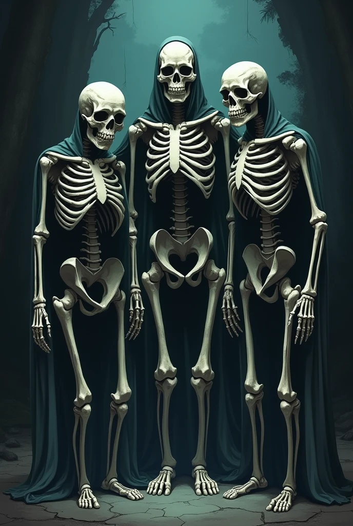 Represent the Moirai with three skeletons or skulls, clotho weaver, lachesis and atrop with scissors