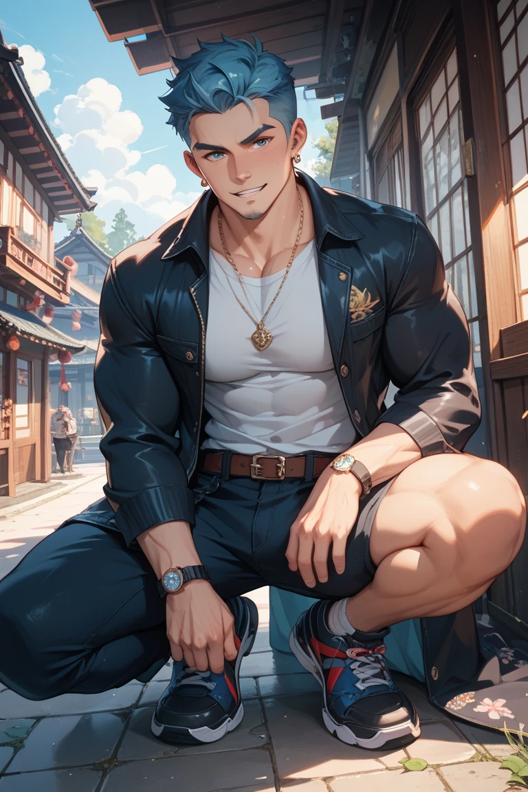 Highest image quality,male people,1 boy,Young and handsome,shoun,Short flat top hair,Dark skin,anime,anime wallpaper,Solo,malefocus,Briefs,Dilation of the pectoral muscles,Bulging crotch,Urban background,spread their legs,Sexy,(Masterpiece, Best quality),Long white socks,leather shoes, (garter),CG sense,Dark atmosphere,8K,Cinematic lighting effects