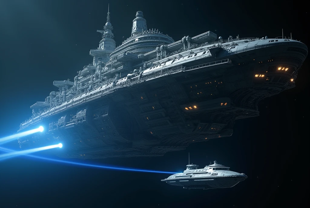 Photorealistic, 8K quality, a work of art. The theme is "Interstellar Immigration". A huge immigrant spaceship sailing through space. It is so huge that it looks like several large buildings stacked on top of each other, turned on their side. Small lights leak out from countless windows. Several blue laser beams emerge from the side of the huge spaceship, capturing a small pencil-shaped silver space boat. The background is the dark darkness of space.
