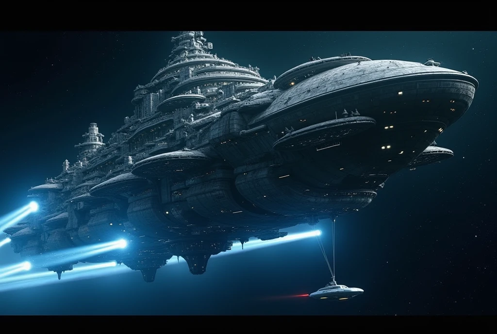 Photorealistic, 8K quality, a work of art. The theme is "Interstellar Immigration". A huge immigrant spaceship sailing through space. It is so huge that it looks like several large buildings stacked on top of each other, turned on their side. Small lights leak out from countless windows. Several blue laser beams emerge from the side of the huge spaceship, capturing a small pencil-shaped silver space boat. The background is the dark darkness of space.