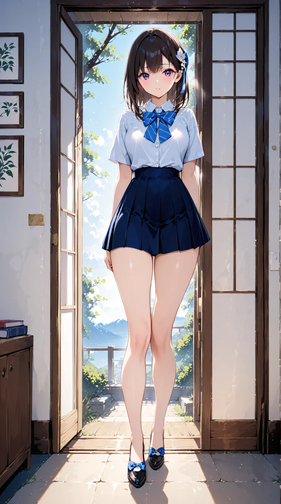 (((Perfect Anatomy, Anatomically correct, ultra high density skin))), 1 girl, Japanese, high School girl, Glowing Skin, Looking at the audience, ((Rear View, From below)), Beautiful Hair, Pretty face, Delicate and beautiful eyes, (short hair:1.1, Bobcut:1.2), Dark blonde hair:1, blue eyes, Baby Face, Mole under the eye, Beautiful clavicle, Beautiful body, Beautiful breasts, Large Breasts:0.5,,(((Ample breasts,)))(((Large Breasts))) (((Cleavage))), Beautiful thighs, Beautiful legs, Camel Toe, ((Short sleeve, Cute sailor uniform, all in dark blue, Dark blue pleated skirt, Navy blue sailor collar, Sailor scarf, socks, Brown Loafers)), Attractive thighs, (Red Slave Collar), ((Embarrassing, I was scared, sad, Mouth half open)), Are standing, (((Lean forward), Take off your clothes, Raise one leg, Pull on white panties)), (Beautiful views), summer, School, locker room, 8k, Highest quality, masterpiece:1.2, Very detailed), (practical), High-quality illustrations, Natural light, whole body,, 😄, Hands on hips,, crotch gap,