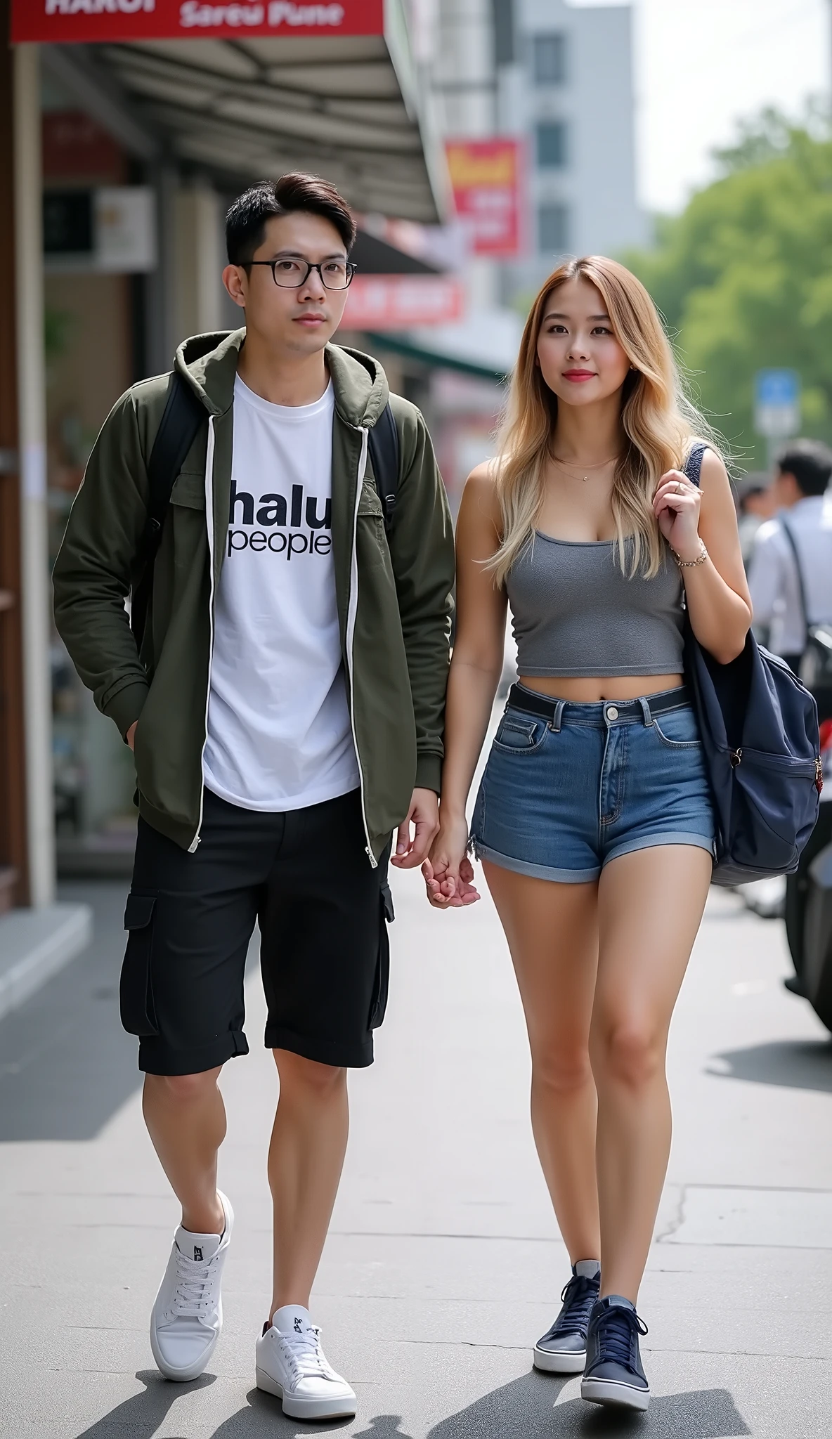 I am taking a picture of a Korean man, looking to camera, he is wearing glasses, a white t-shirt with the words "halu people", layered with a dark green hoodie jacket, black cargo shorts, white vans shoes, a black backpack on his back, walking on the sidewalk with a curvy European woman with long wavy blonde hair, large breast, wearing a gray tank top, mini shorts denim, blue sneakers, carrying a dark blue backpack. the background is the sidewalk, shops in the city of Hanoi, which is crowded and busy, sunny weather, clouds and sky,