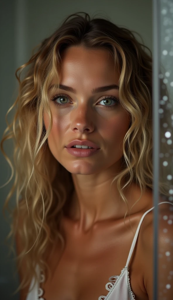 a young sexy blonde woman taking a shower,1girl,solo, wet hairs, full body, beautiful detailed eyes,beautiful detailed lips,extremely detailed face,long eyelashes,wet hair,water drops,steam,bathroom interior,realistic,photorealistic,HDR,UHD,studio lighting,ultra-fine painting,sharp focus,physically-based rendering,extreme detail description,professional,vivid colors,bokeh