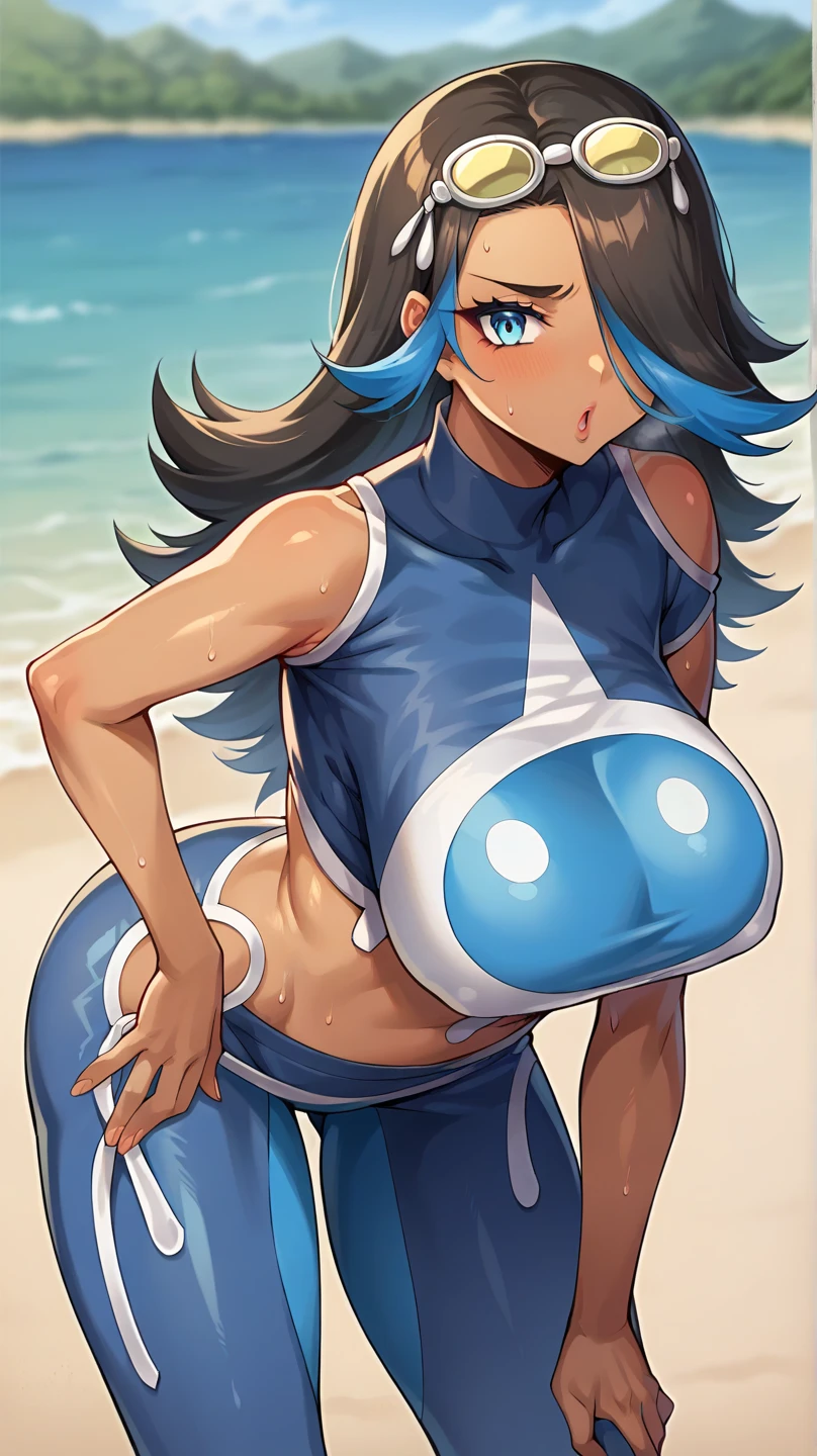 masterpiece, best quality, highres, 1girl, solo, long hair, multicolored hair, blue hair, pink hair, ponytail, sidelocks, bangs, horns, visor cap, pointy ears, earrings, red eyes, colored skin, grey skin, body markings, large breasts, choker, clothing cutout, one-piece swimsuit, wristband, cowboy shot, standing, beach, smile, oda eiichirou, ideal ratio body proportions,muscle,abs,gigantic breasts,gleaming skin, muscular thighs,toned
