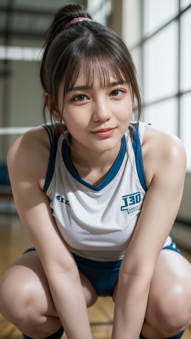 (9 year old girl:1.5, Very slim:1.5, The arms are very thin:1.5, Very short hair), (On the table:1.3), (8K, Practical, RAW photos, best quality: 1.4), (shortcut:1.3), ((Cute, big eyes, Drooping eyes, Smile)), (Genuine Leather), Beautiful Skin, 超high resolution, Ultra-realistic, high resolution, (夜のsports場, track and field:1.5), sports, (Let me see your armpits:1.4), (Put your hands behind your head:1.2)