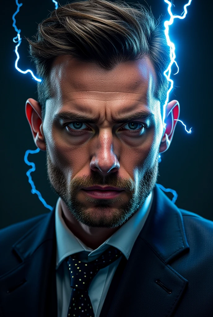 homme, électrique, orageux, visage intense, électrification, énergie dynamique, plein de puissance, peau craquelée, tenue élégante, expression sombre, haute résolution, photorealiste, éclairage dramatique, style portrait, peinture à l'huile, profondeur de champ, vibrant, sombre, contrasté