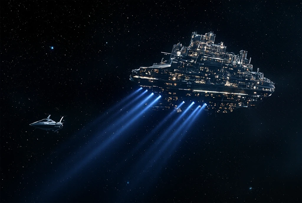 Photorealistic, 8K quality, a work of art. The theme is "Interstellar Immigration". A huge immigrant spaceship sailing through space. It is so huge that it looks like several large buildings stacked on top of each other, turned on their side. Small lights leak out from countless windows. Several blue laser beams emerge from the side of the huge spaceship, capturing a small pencil-shaped silver space boat. The background is the dark darkness of space.