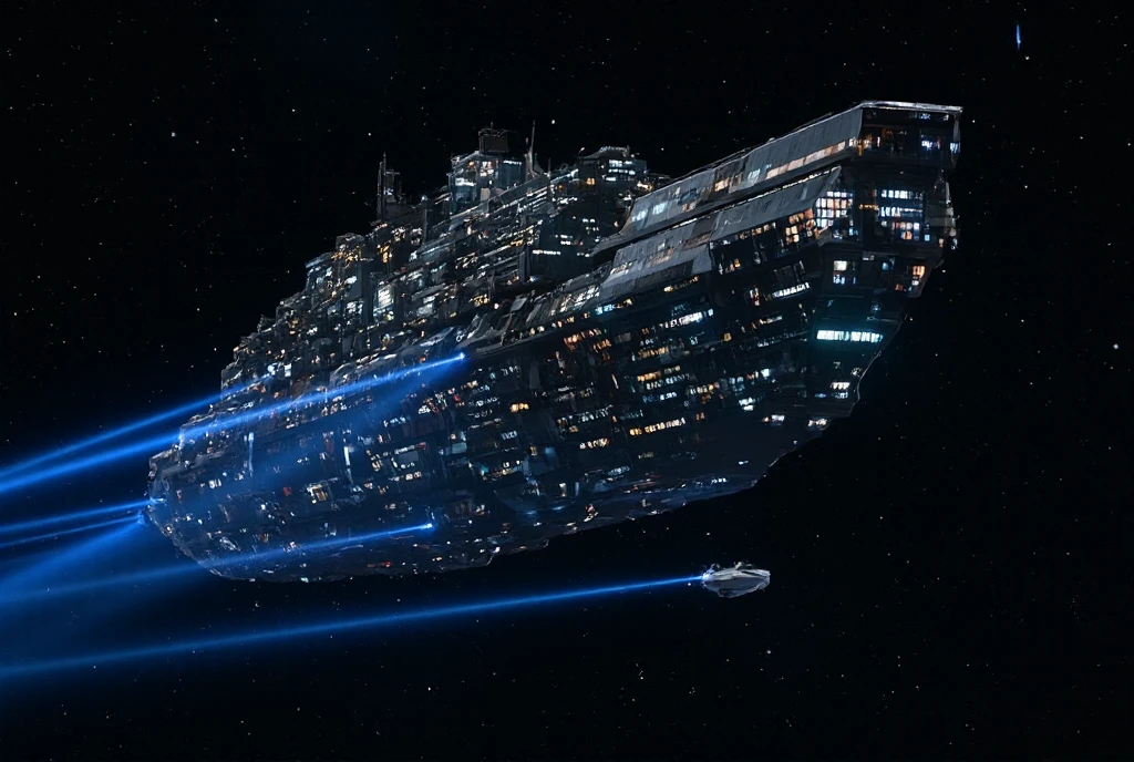 Photorealistic, 8K quality, a work of art. The theme is "Interstellar Immigration". A huge immigrant spaceship sailing through space. It is so huge that it looks like several large buildings stacked on top of each other, turned on their side. Small lights leak out from countless windows. Several blue laser beams emerge from the side of the huge spaceship, capturing a small pencil-shaped silver space boat. The background is the dark darkness of space.