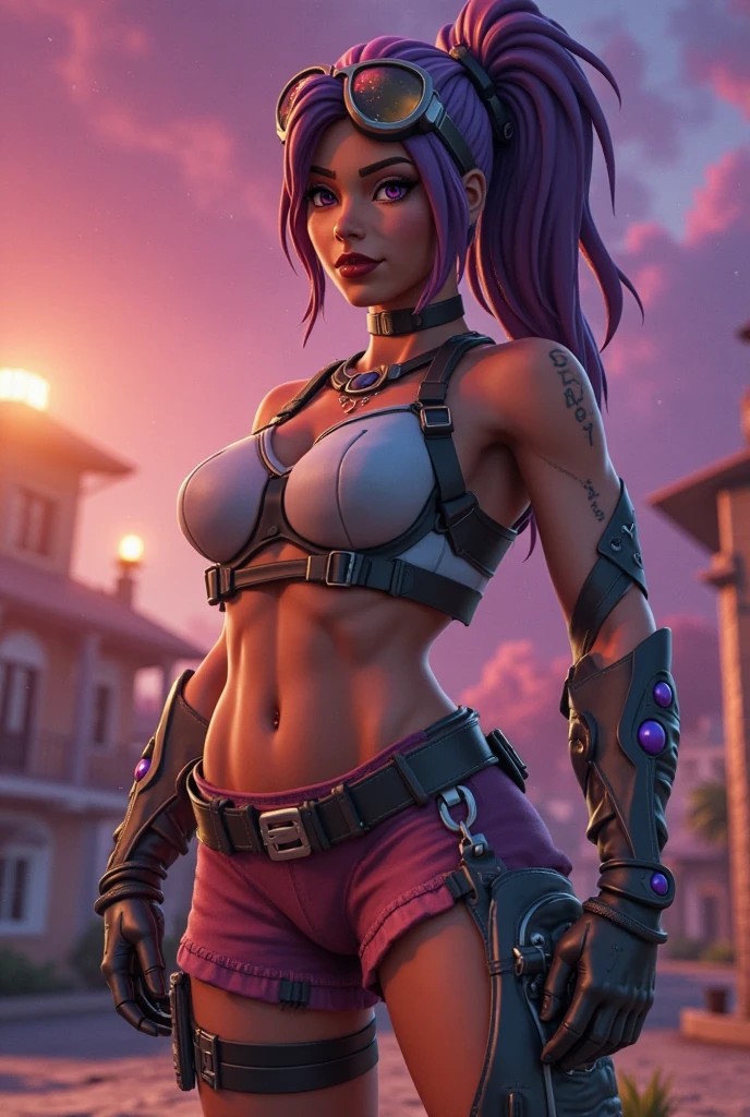 clouds, gtscity, cityscape, Cyberpunk,GtsGiga,spikes,neon lights,shaved head,muscular,dark skinned,dark skinned female,Mohawk,raider armor,boots,crop top,leather jacket,spikey shoulders,spikey belt,low cut jeans,cybernetic,mature women,large breast,Looming,best quality,masterpiece,blacklight,towering over clouds,