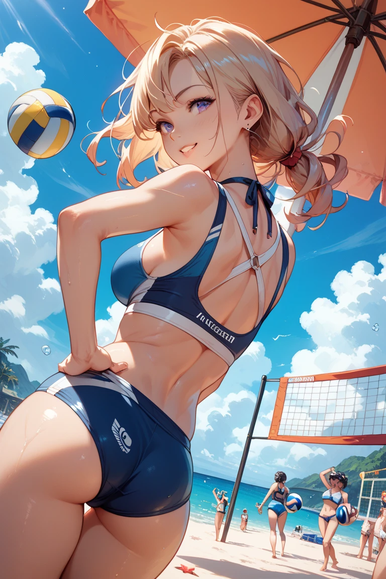 On the sandy beach volleyball court、Please draw an illustration of a woman in a swimsuit with a serious look on her face as she plays a game.。She hit the ball back with force.、The blue sea and sky spread out in the background.。